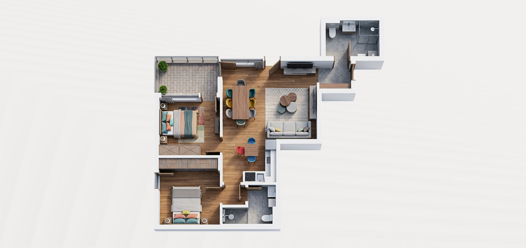 Interior visualization — S13, first floor, two-bedroom apartment